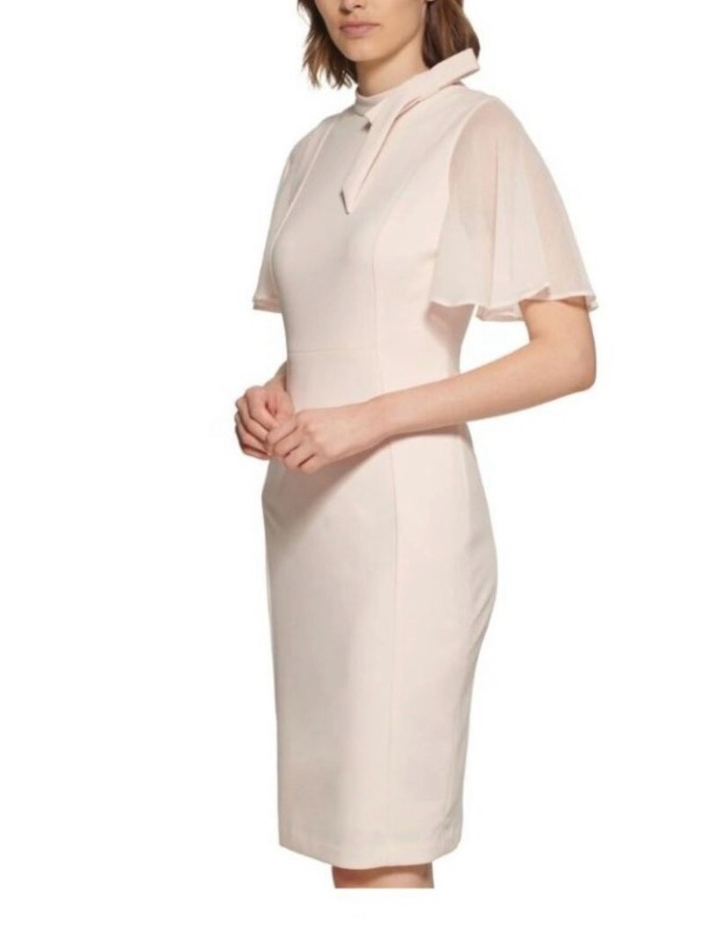 Calvin Klein Blush Pink Tie-Neck Chiffon-Flutter-Sleeve Sheath Dress